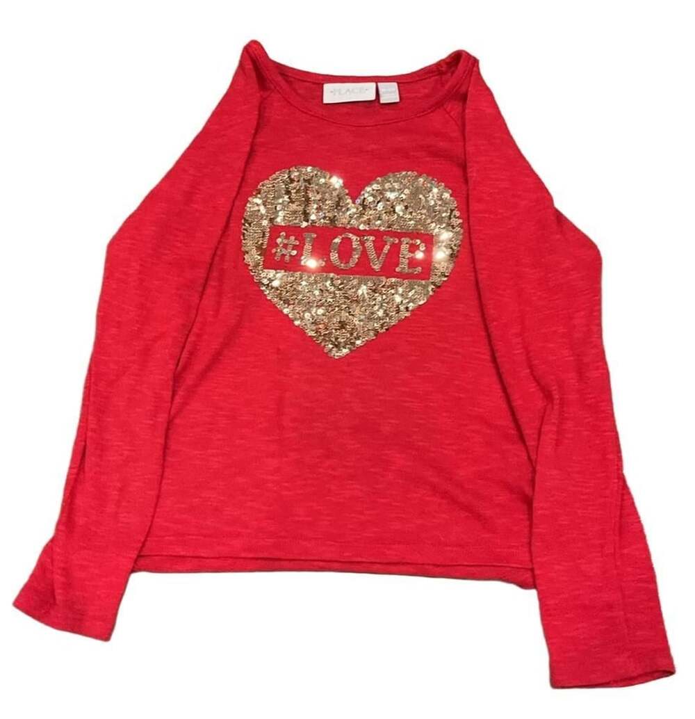 The Children's Place Red Sequin Heart #LOVE Long Sleeve Graphic Shirt Size M 7/8